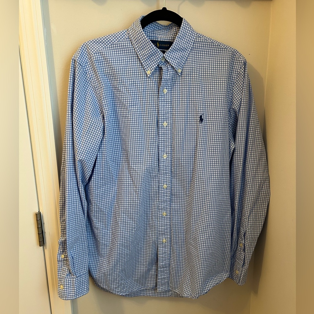 Ralph Lauren Gingham Stretch Poplin Button-Down Shirt, Lt Blue & White, Size M